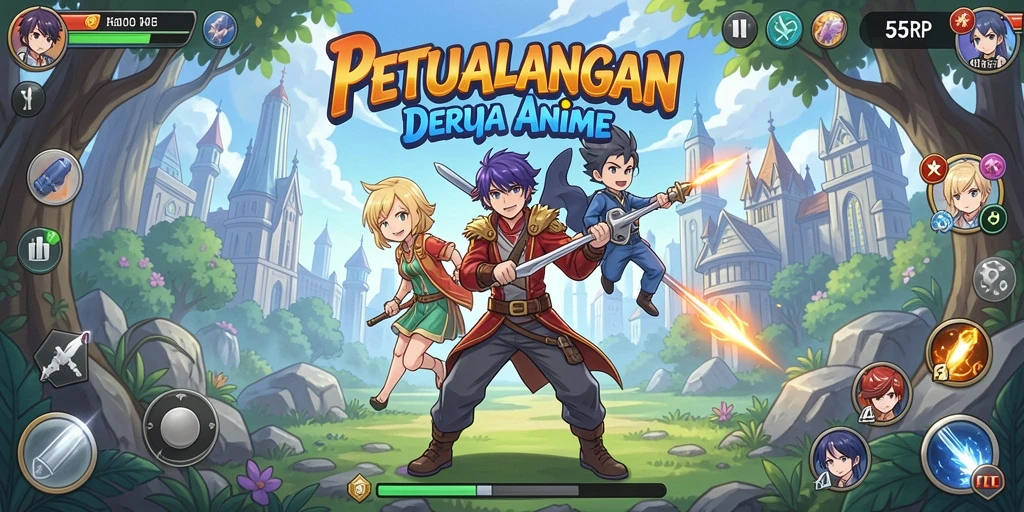Tampilan screenshot utama 55RP menampilkan karakter anime dalam pertarungan.