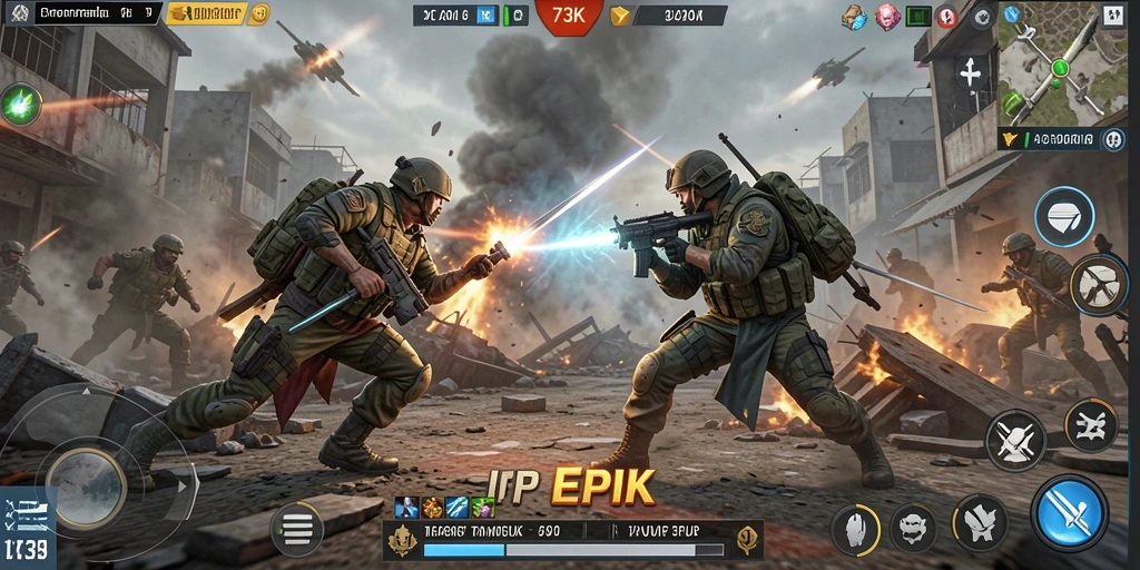 Tampilan epic dari gameplay 73K dengan karakter bertarung.