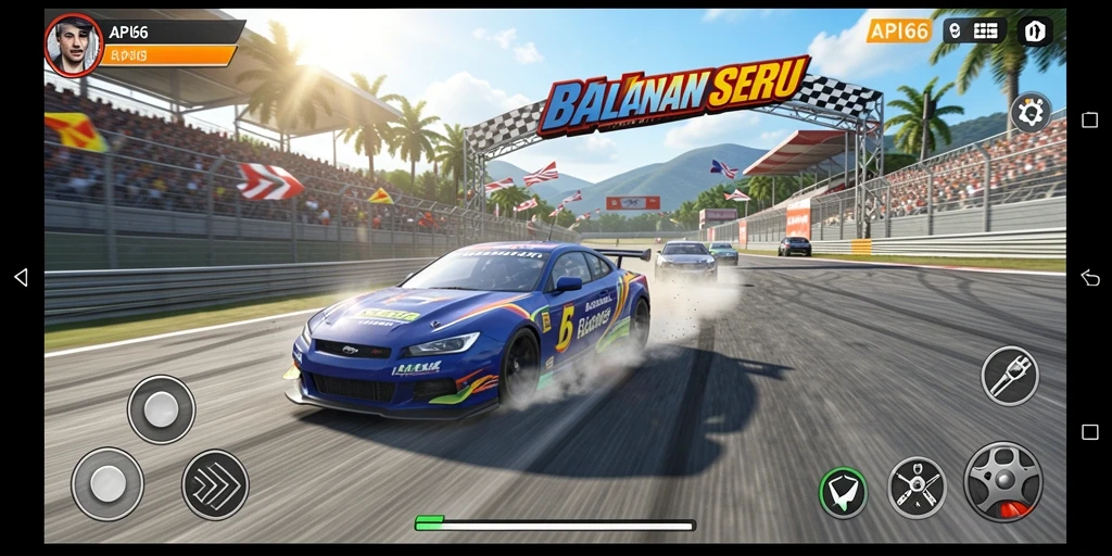 Tangkapan layar gameplay API66 menampilkan aksi balapan yang menegangkan.