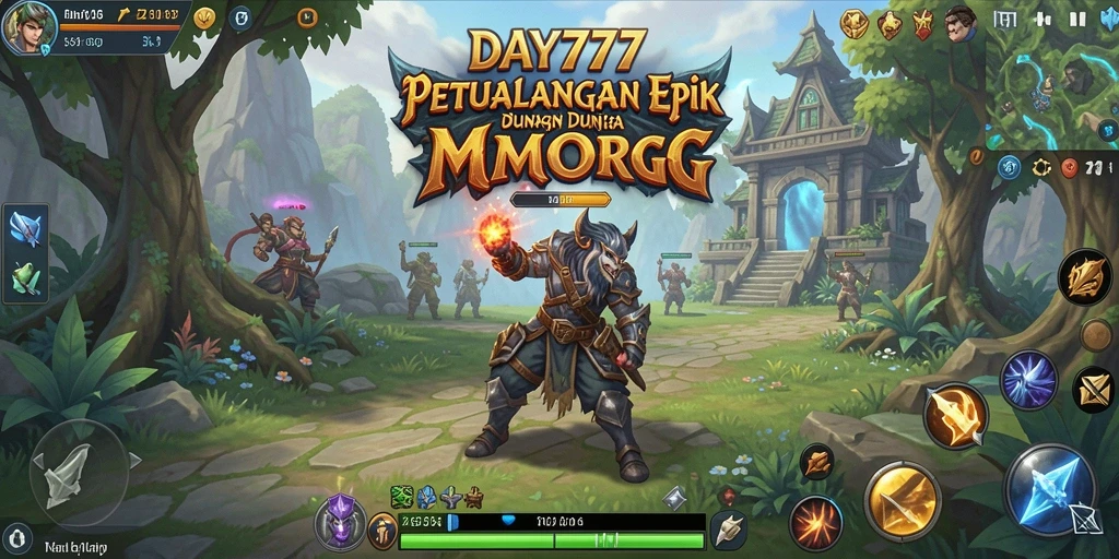 Screenshot utama DAY777 menampilkan aksi pertempuran epik dalam dunia MMORPG.