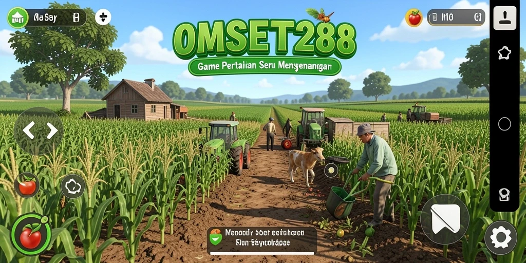 Screenshot gameplay OMSET288 yang menunjukkan aktivitas berkebun yang seru.