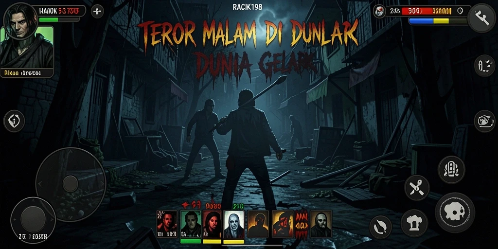 Tampilan gameplay menegangkan di RACIK198 dengan suasana gelap yang mencekam.